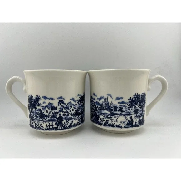 Vintage Blue & White Cottage Glossy Bone China Pastoral‎ Chinoiserie Coffee Cups