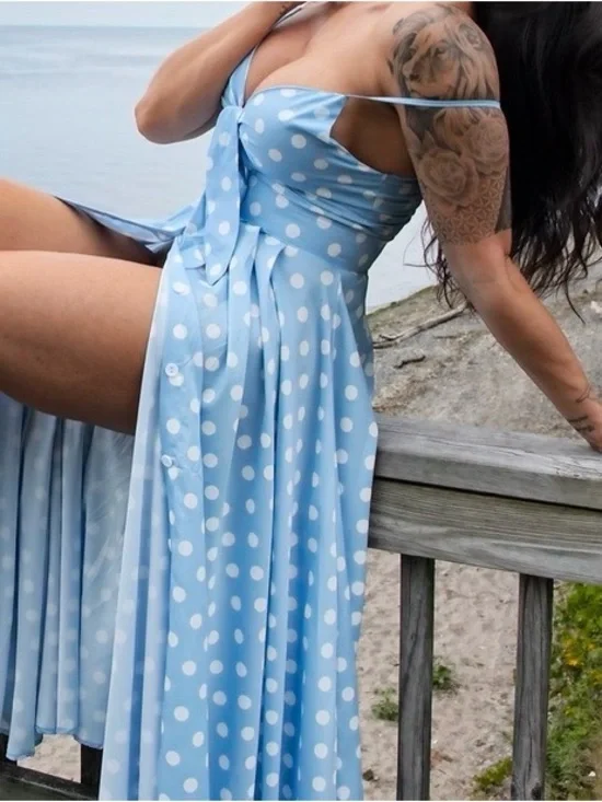 Light Blue Polka Dot Tie-Front Maxi Dress