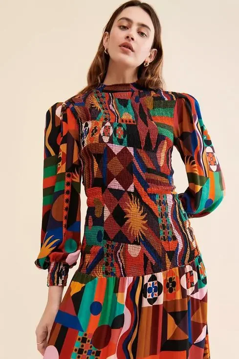 FARM Rio Tropical Shapes Smocked Midi Dress Multi Color Medium