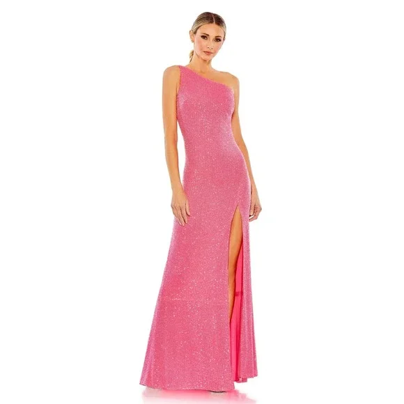 NWT IEENA for Mac Duggal Pink One Shoulder Sequin Gown Slit Cowl Back | Size 8
