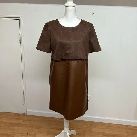 Loveriche Brown Two-Tone Faux Suede & Leather-Look Dress L