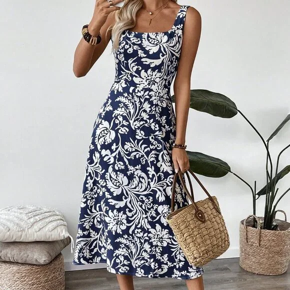 Blue Boho Women's Floral Square Neck Sleeveless Midi Dress