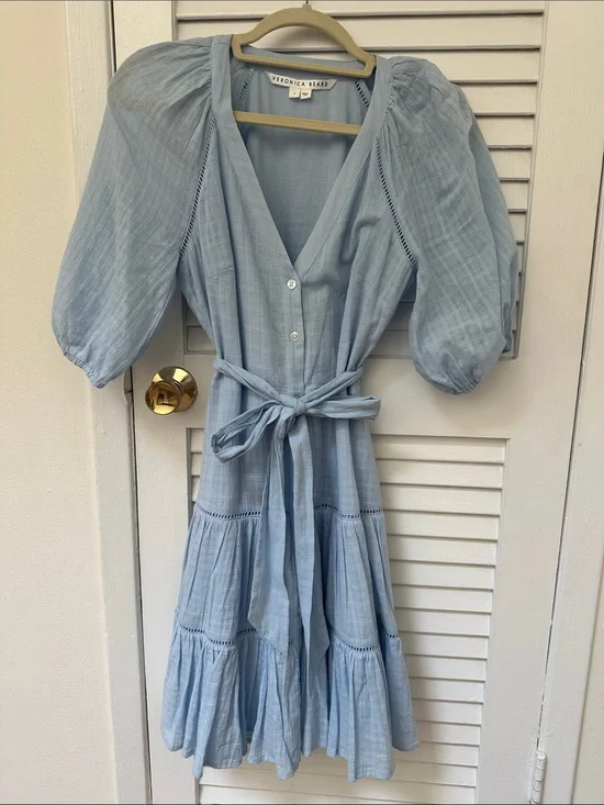 Veronica Beard Powder Blue V-Neck Tiered Midi Dress with Puff Sleeves