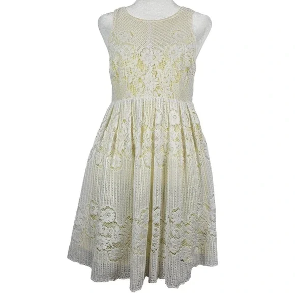 Free People Lace Fit & Flare Dress Women 2 Cream Yellow‎ Open Back Sleeveless