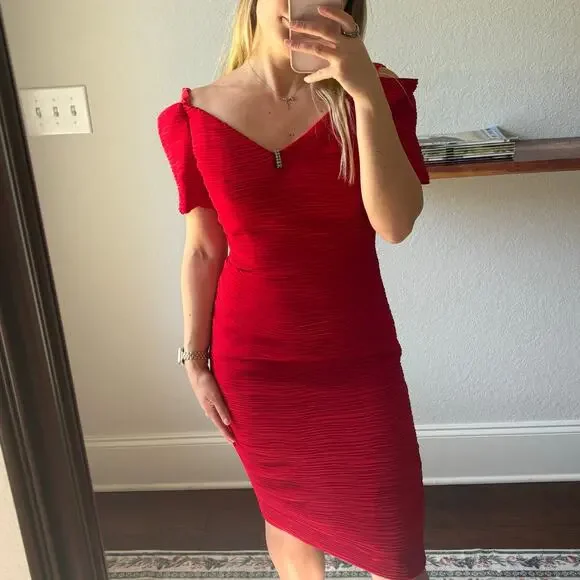 Vintage Bari Jay 80s 90s Red Crinkle Pleated Off Shoulder Prom Midi Dress 5/6