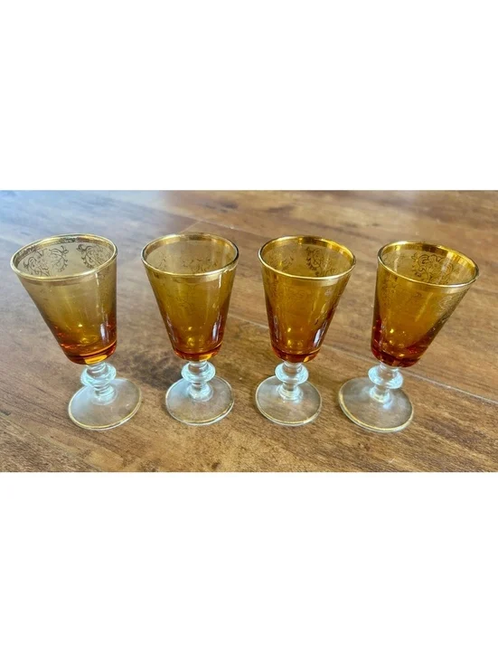 Set of 4 Vintage Amber Etched Glass Cordial Glasses