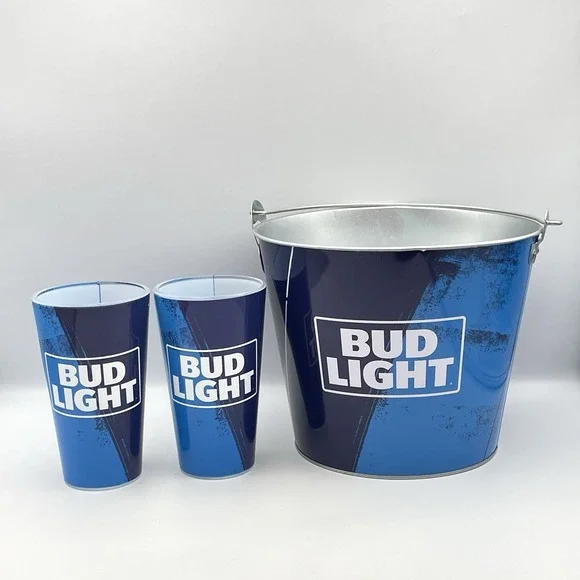 BUD LIGHT‎ Metal Bucket, 2 Bud Light Glasses and 2 Bud Light Coasters