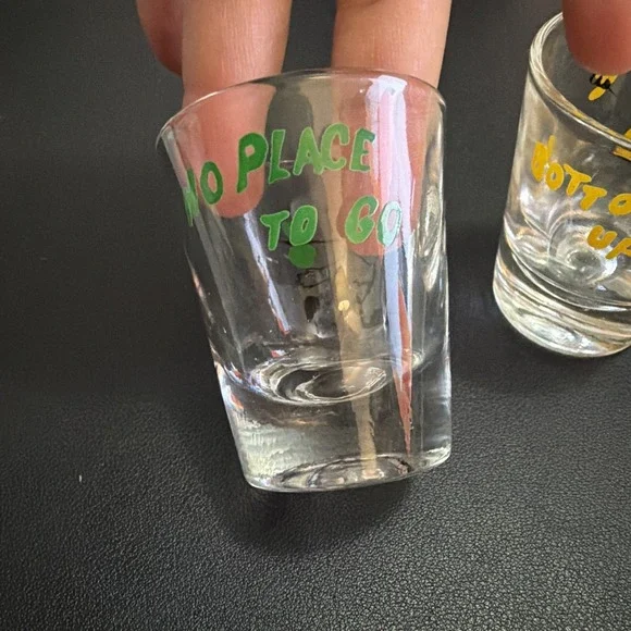 Vintage Bottoms Up And No Place To Go 2 Novelty Shot Glasses 1950's MCM