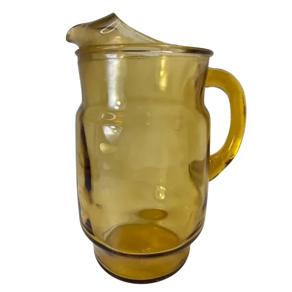 Anchor Hocking Tall Glass Pitcher Ice Lip Handle Amber Yellow Vintage 9 inch