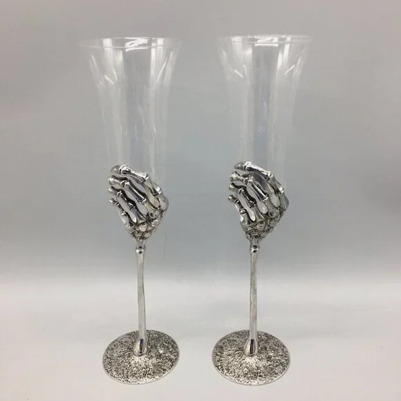 x2 Halloween Skeleton Hand Champagne Flute Glass Set Silver Metal Stem Elegant