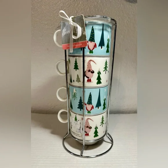 Sweet Living Collection‎ Stacking Set of 4 Mugs Christmas Gnomes Trees Rack New