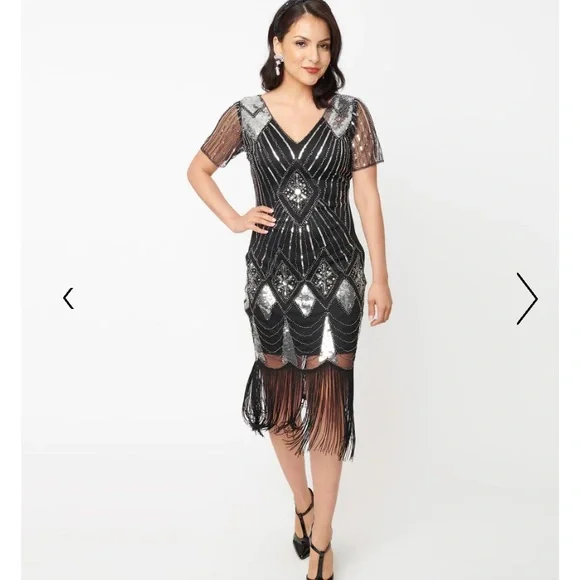 Unique Vintage NWT 1920s Silver Sequin & Black Fringe Katriane‎ Flapper Dress