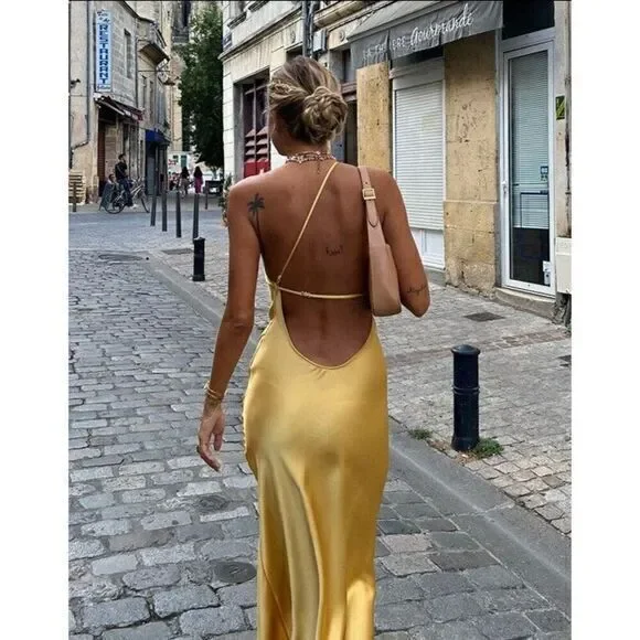 Commense Moonlight Open Back‎ Satin Slit Long Dress Size Large