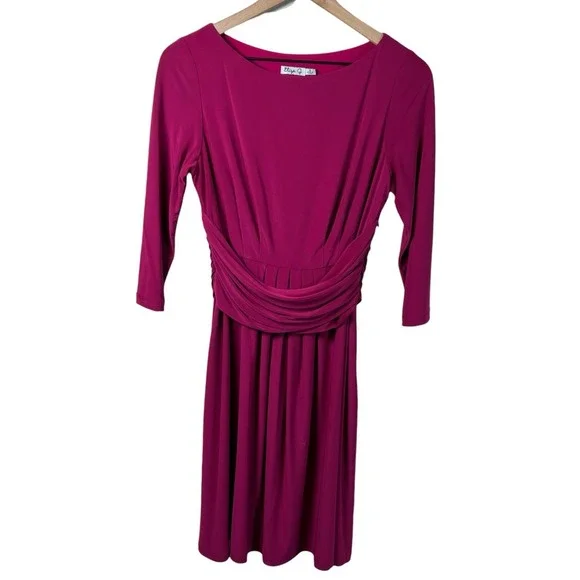 Eliza J Womens 6 Maroon‎ 3/4 Sleeve Pleated Ruched A-Line Dress Stretch Boatneck