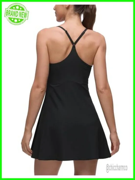 Drapey Spaghetti Straps Tennis Dress - Removable Pads, Built-in Shorts with