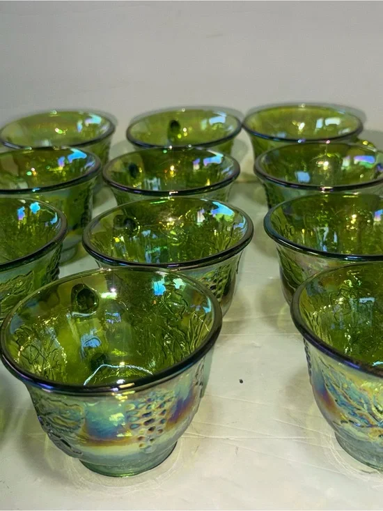 Indiana Glass Green Iridescent Grape Pattern Cups - Set of 12