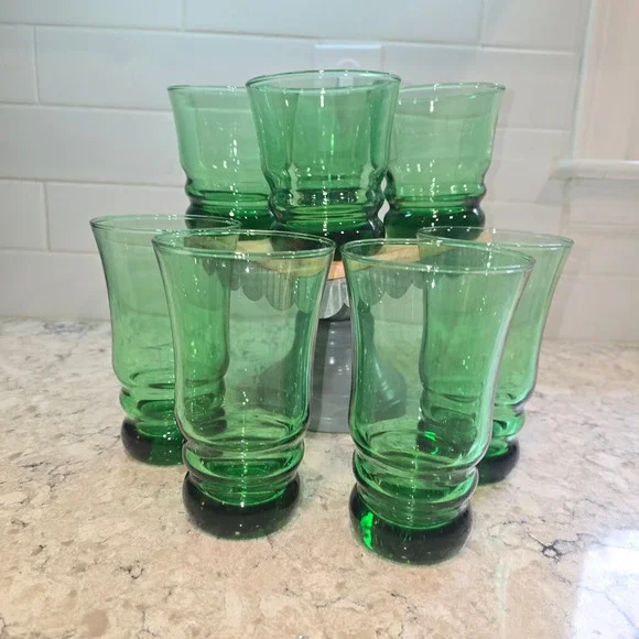 Anchor Hocking Forest Green Mid Century Drinking Glasses Set of 8 Ringed Base