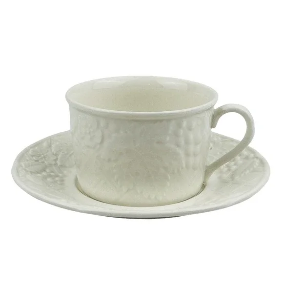 Mikasa English Countryside Flat Cup & Saucer Set White Stoneware Embossed Fruit‎