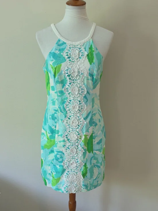 Lilly Pulitzer Aqua &  Green Floral Lace-Trim Halter Dress