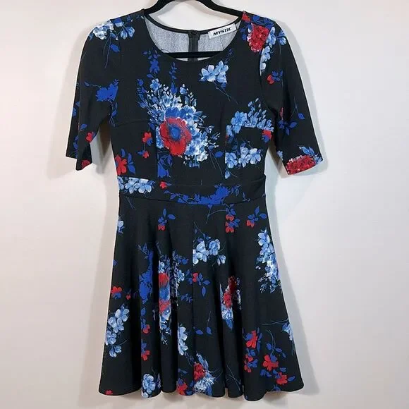 Mystic Black Floral Mini Skater Fit Flare Dress Dark Romantic Women Size Large