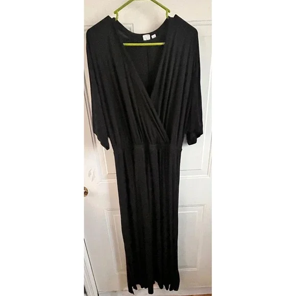 GAP‎ Women Black V Neck Maxi Dress Long Sleeve Elastic Waist Tall L