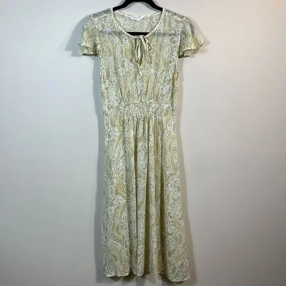 Lucky Brand Sheer Midi Boho Shortsleeve Yellow Keyhole Dress Women Medium