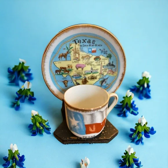 VTG Texas Souvenir Miniature Cup Saucer Set Gold Trim Japan Porcelain