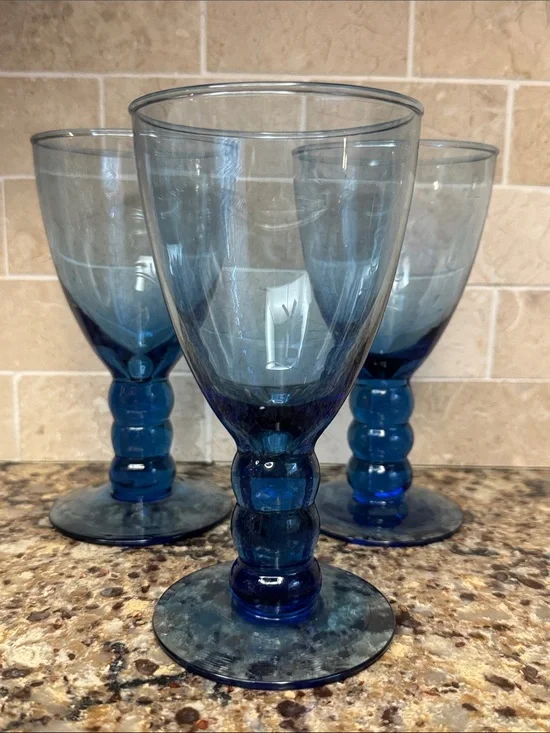Vintage 90s Cobalt Blue Bubble Stemmed Wine Glasses - Postmodern Memphis Style