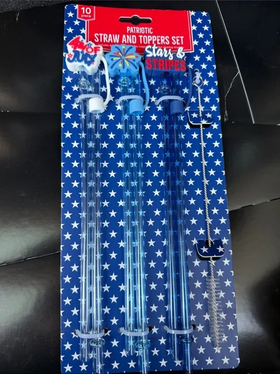 Patriotic Blue Straw and Toppers Set - Stars & Stripes