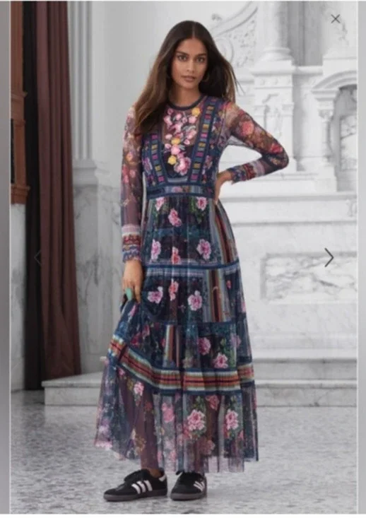 Biya Johnny Was Dayana Mesh Maxi Dress Embroidered Floral Patchwork Slip M Boho