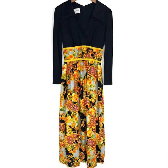 Vintage Julie Miller California 70s Long Sleeve Floral Black Orange Maxi Dress