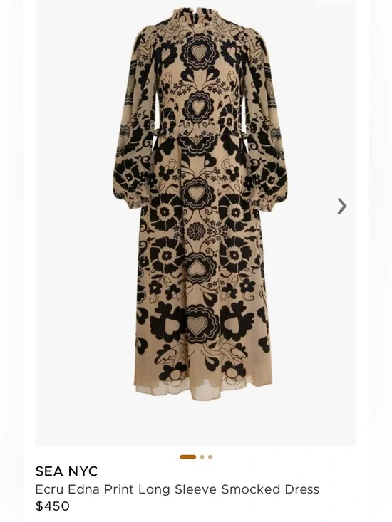 NWOT Sea New York Ecru and Black Floral Long Sleeve Dress