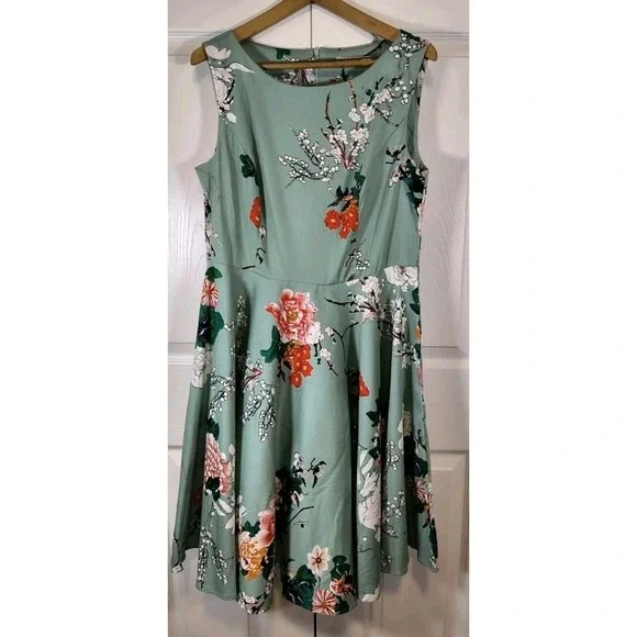 GRACE KARIN Boatneck Sleeveless Vintage‎ Tea Dress, XS Green Floral,  Balletcore