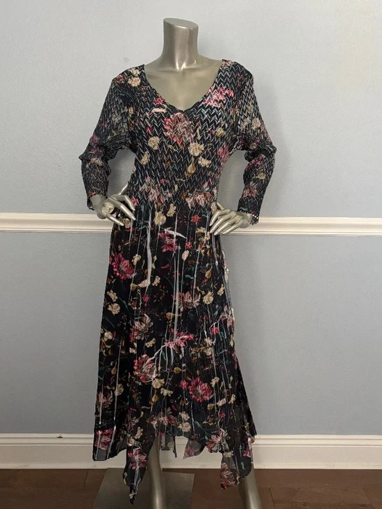 Komarov Chiffon V Neck 3/4 Sleeve Handkerchief Hem Dress Black Hybrid Nwt XL