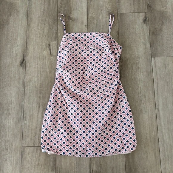 LuLu's Women's Charming Desire Pink Geo Print Ruched Sleeveless Mini Dress SZ L