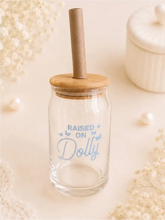 Dolly ‘Raised On Dolly' 16oz Glass Tumbler With Lid And Straw