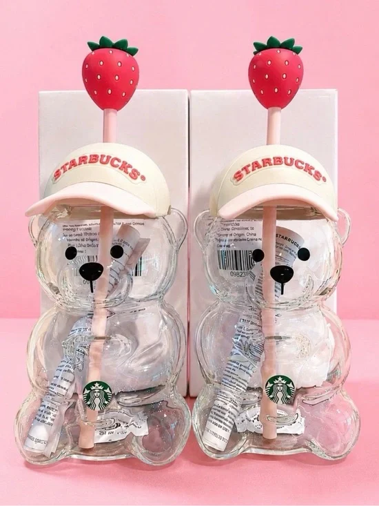 NWT Starbucks Limited Edition Pink Bearista Glass Cup set of 2 Strawberry
