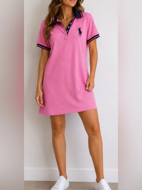Polo Ralph Lauren Pink Big Pony Polo Dress Navy Trim XL