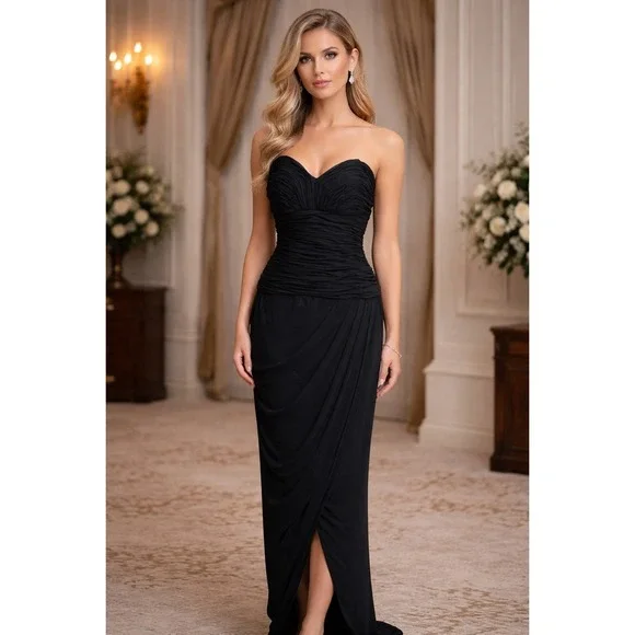 1990s Fred Hayman Beverly‎ Hills Strapless Ruched Evening Gown Black Dress 10