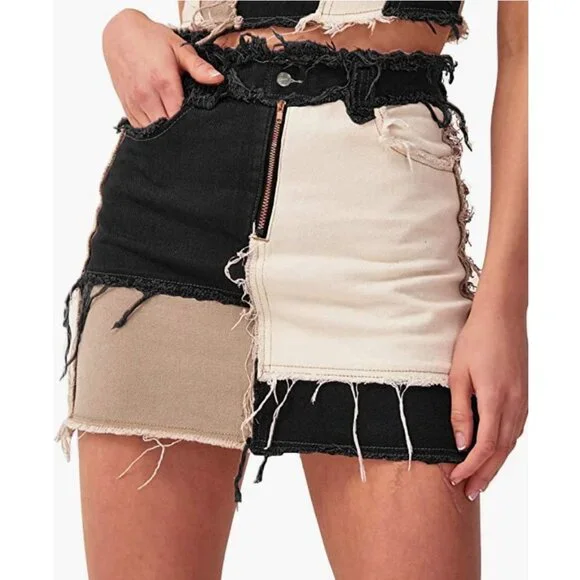 Sexy Black Colorblock Patchwork Denim Distressed Ripped‎ Mini Bodycon Jean Skirt