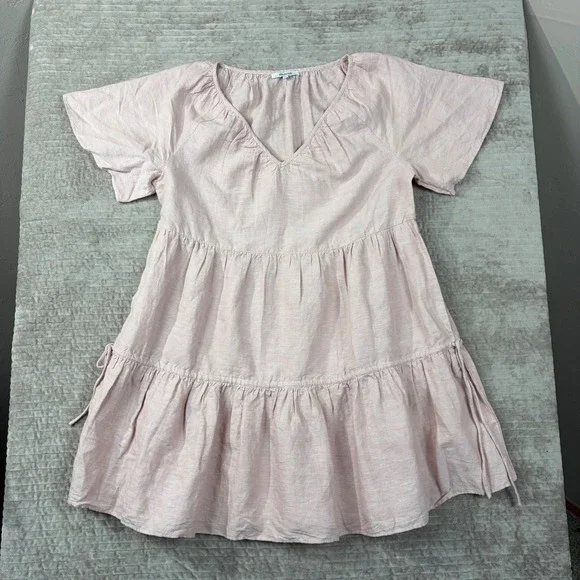 Madewell‎ Pink Linen Blend Tiered Mini Dress V-Neck Short Sleeve NE769 Large