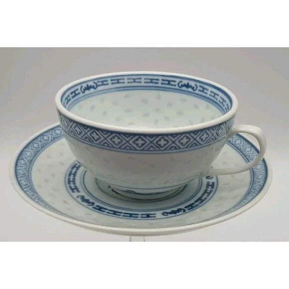 Translucent Tea Cup & Saucer Set Blue Rice Eye White Dragon Vintage Chinese