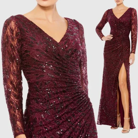 Mac Duggal 12412 Size 14‎ Red Long Sleeve Ruched Sequined V-Neck Maxi Gown Dress