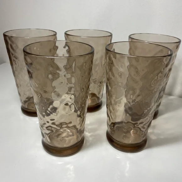 Vintage Modern Mid Century Brown 20 Oz‎ set of 5 Tumblers Crinkle Hard Plastic