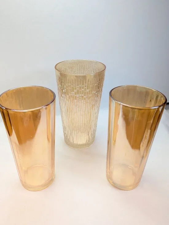 Vintage MCM Tan Marigold Iridescent Glass Tumbler Trio - 3 Pc Mixed Texture Set