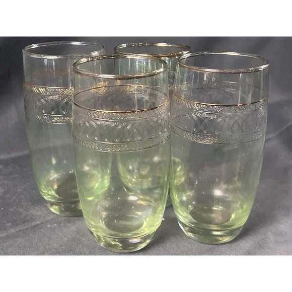 Vintage Mid Century Stretched Glass Gold Rim Highball‎ Tumblers Set of 4