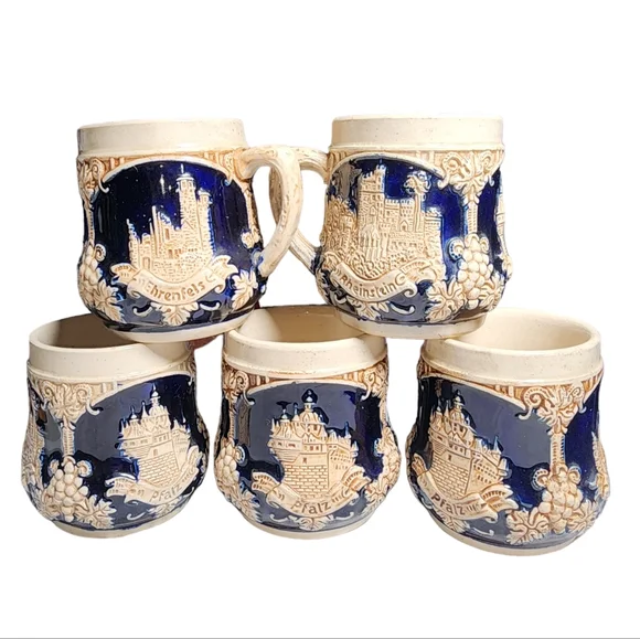 Vintage Wick-Works German Made Blue & Ivory Stoneware Punch‎ Cups 5 Piece Set
