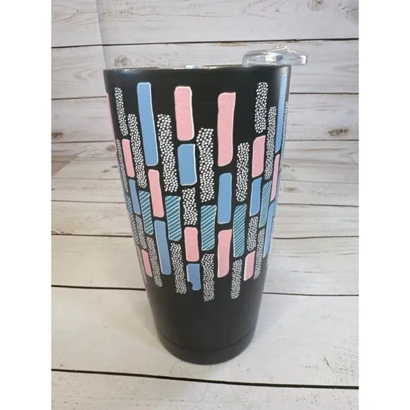 Manna Embossed Maverick 20 oz Tumbler Dark Grey Pink Blue Block Pattern Insulate