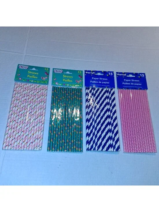 60-Assorted Paper Straws in Spring & Party Designs Eco-Friendly Disposable Drink