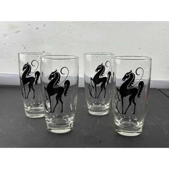 Vintage Prancing Black Horse Silhouette Clear Glass Tumblers Set of 4‎ MCM